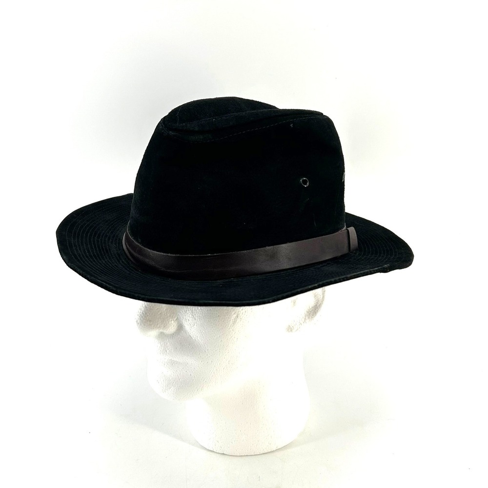 Sima Int Black Genuine Suede Leather Fedora Hat Men Medium Brown Leather Hatband